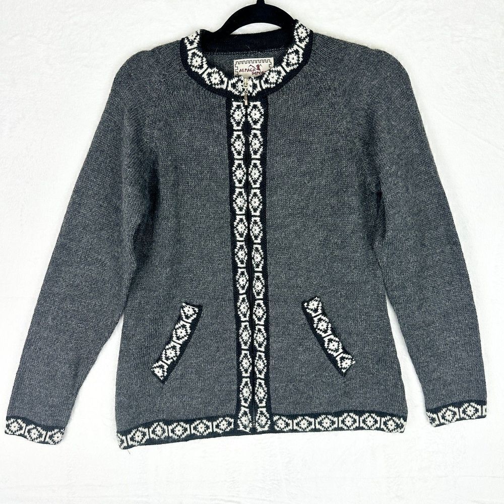 Alpaca Imports Full Zip Cardigan Sweater Size Medium Gray Aztec